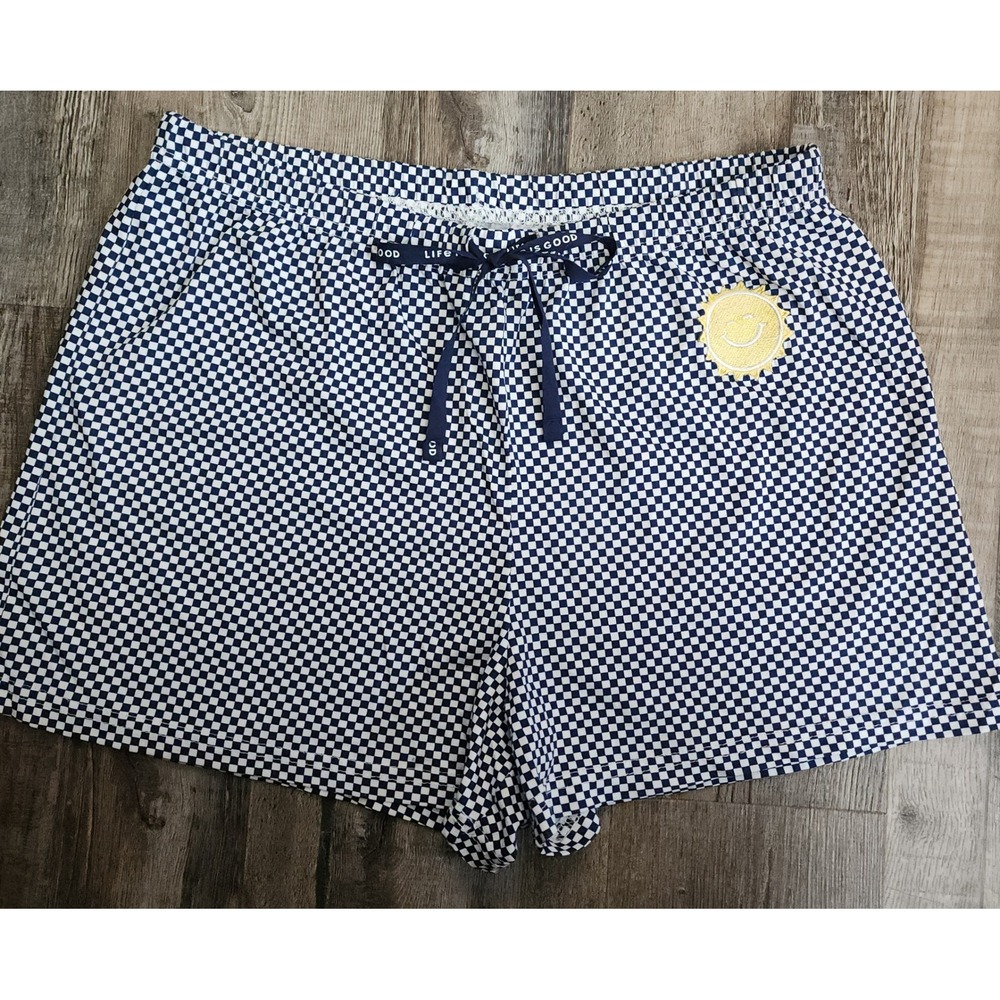 Life is Good Sleep Shorts Womens Medium Navy Blue Checkered Sun Smiley Lounge